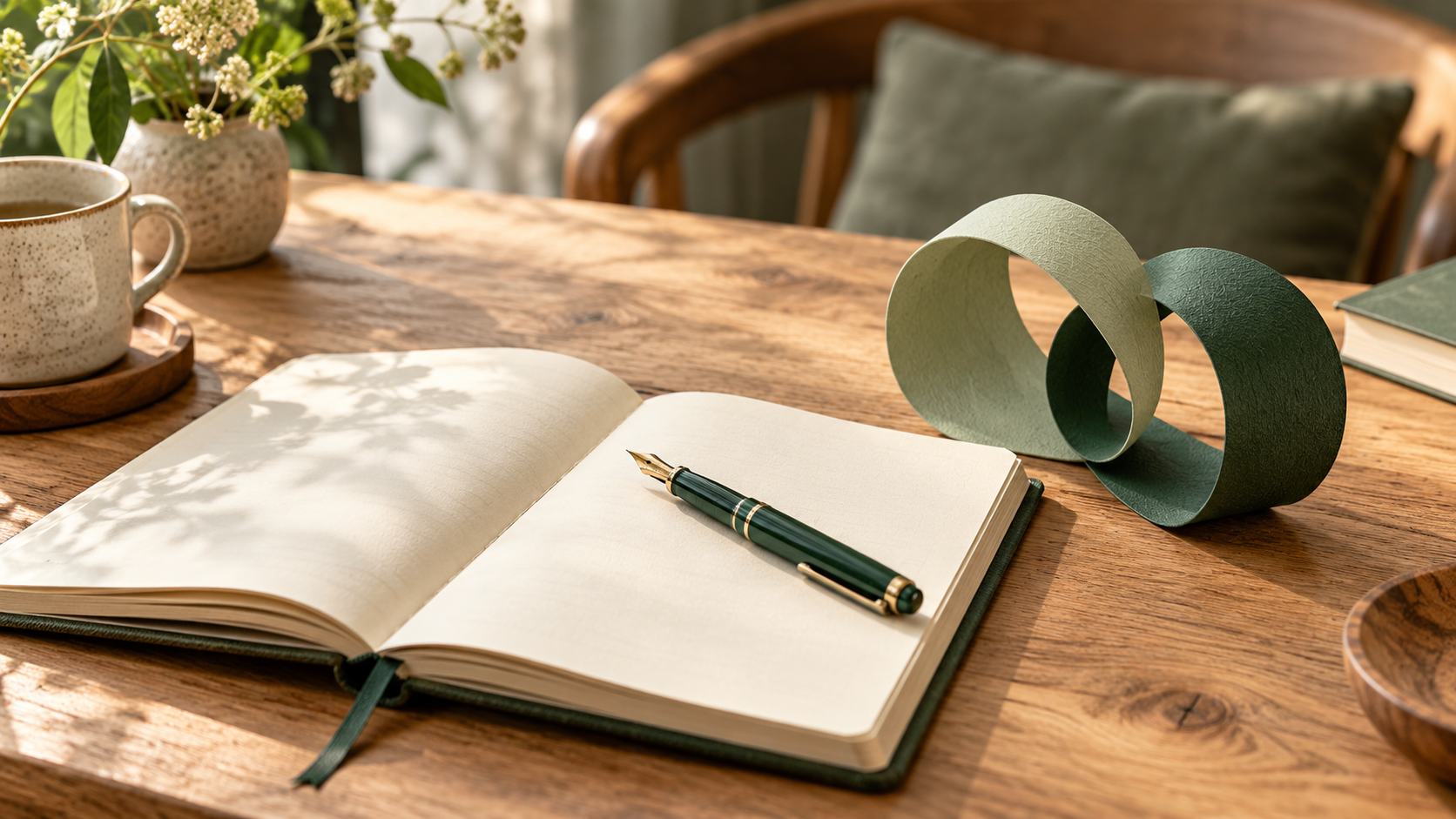 Ruhiger Schreibtisch mit offenem Notizbuch und Stift