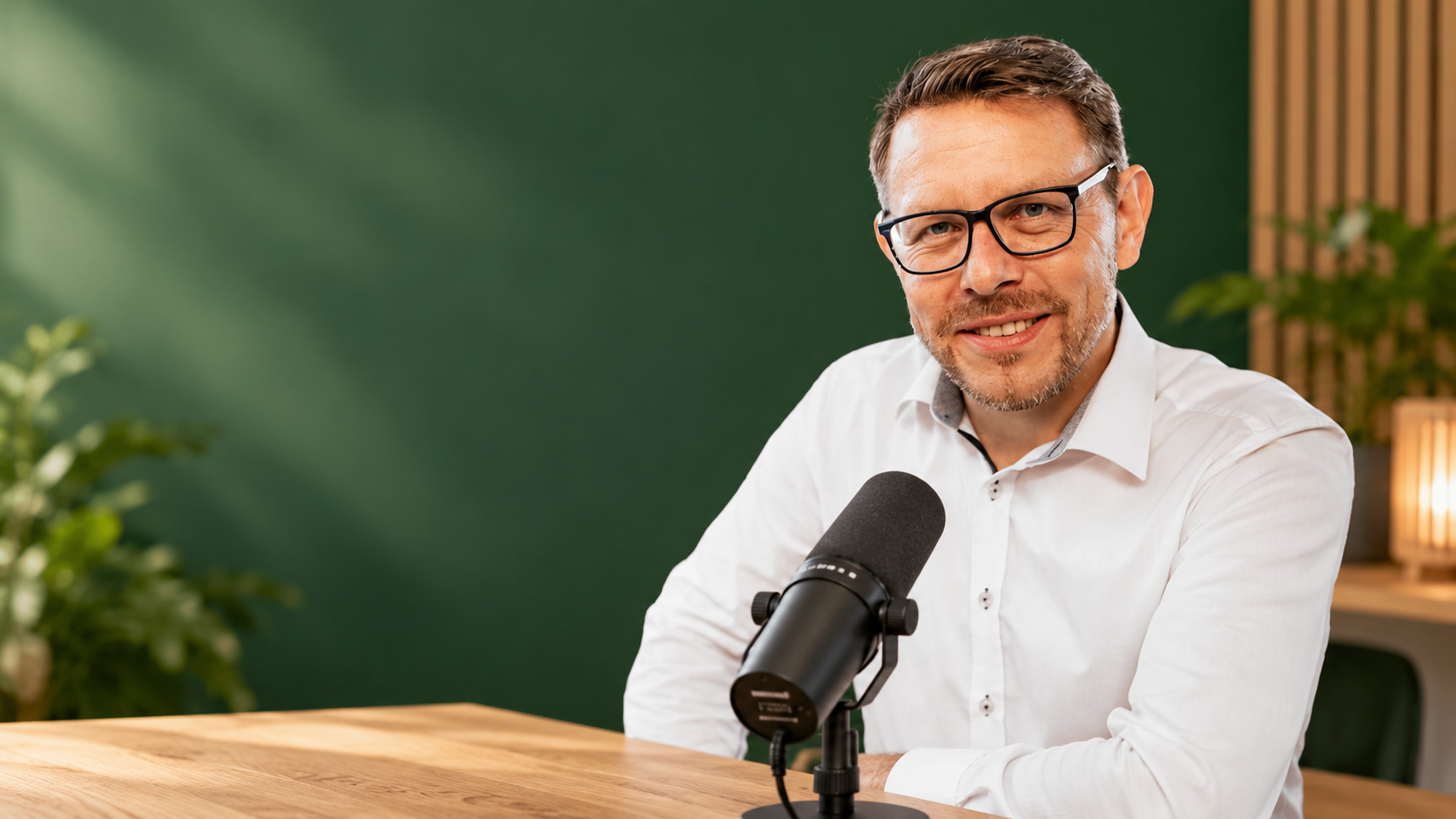 Mann am Mikrofon vor grünem Hintergrund
