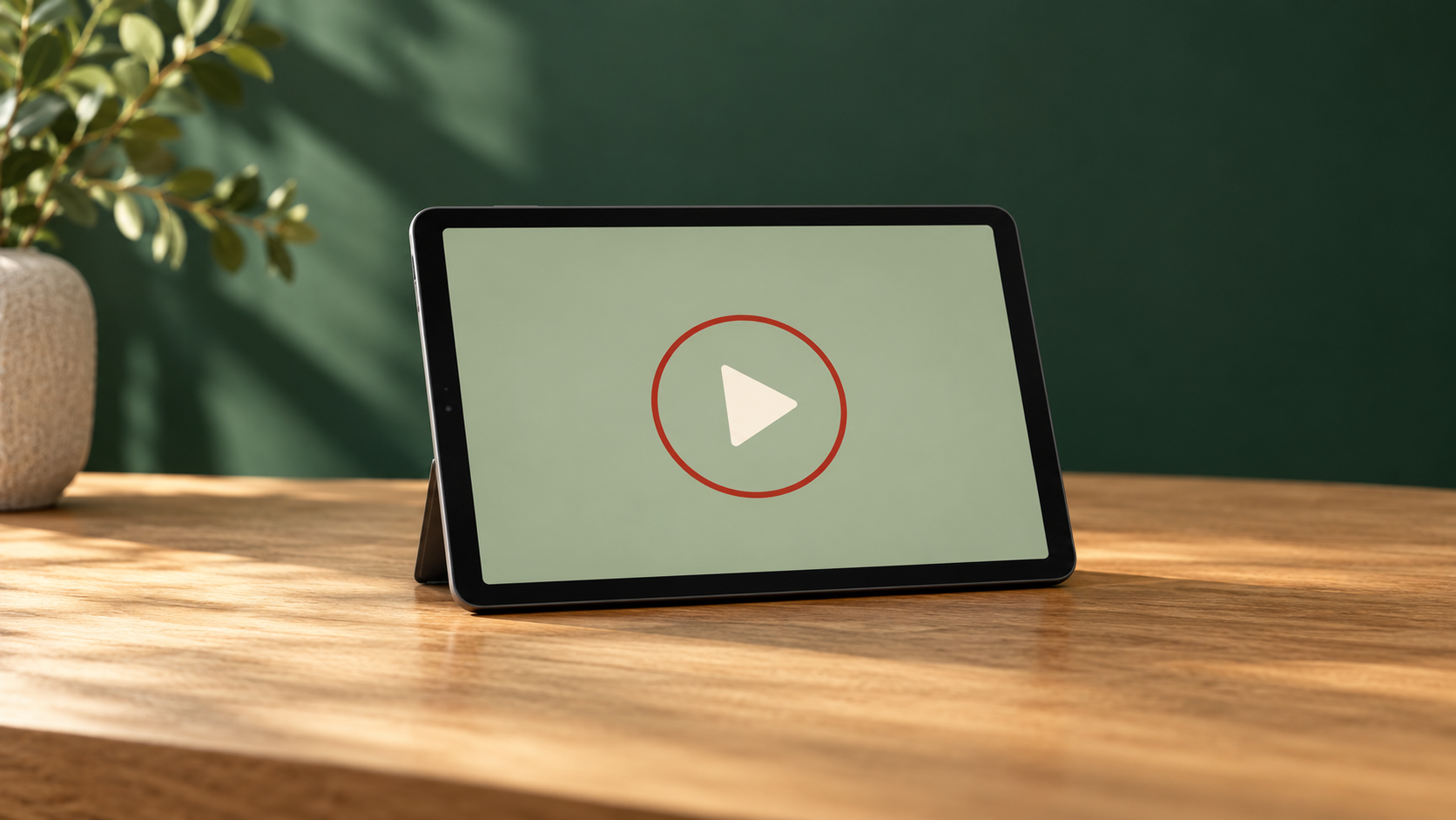 Tablet mit Abspielzeichen auf einem Tisch